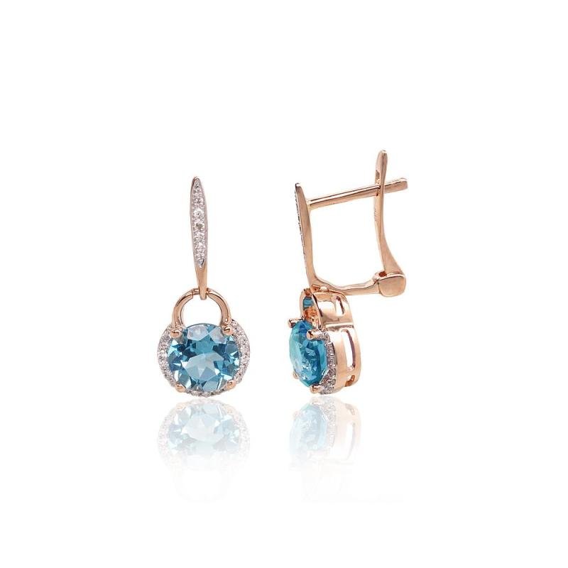 Gold earrings with 'english' lock, Red Gold 585°, Rhodium (Plating), Diamonds, Blue Topaz