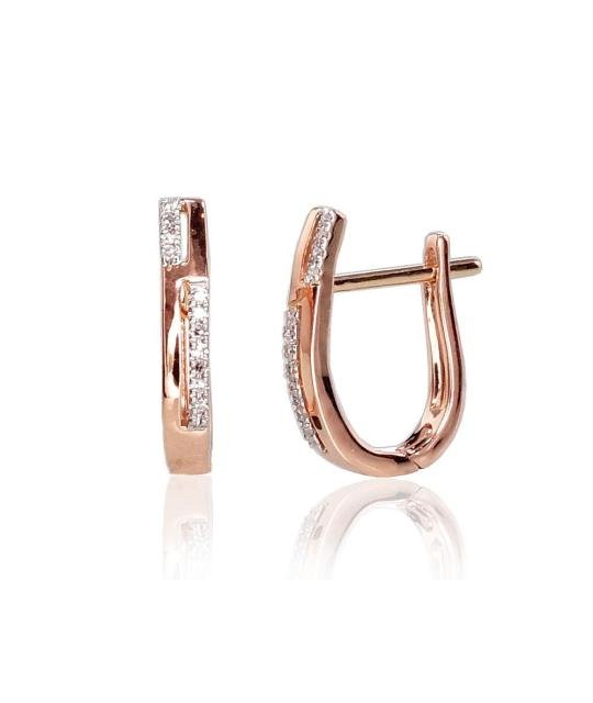Gold earrings with 'english' lock, Red Gold 585°, Rhodium (Plating), Diamonds