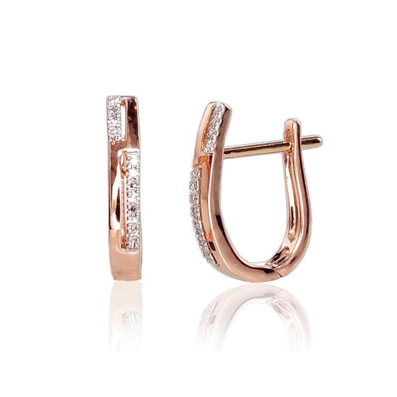 Gold earrings with 'english' lock, Red Gold 585°, Rhodium (Plating), Diamonds