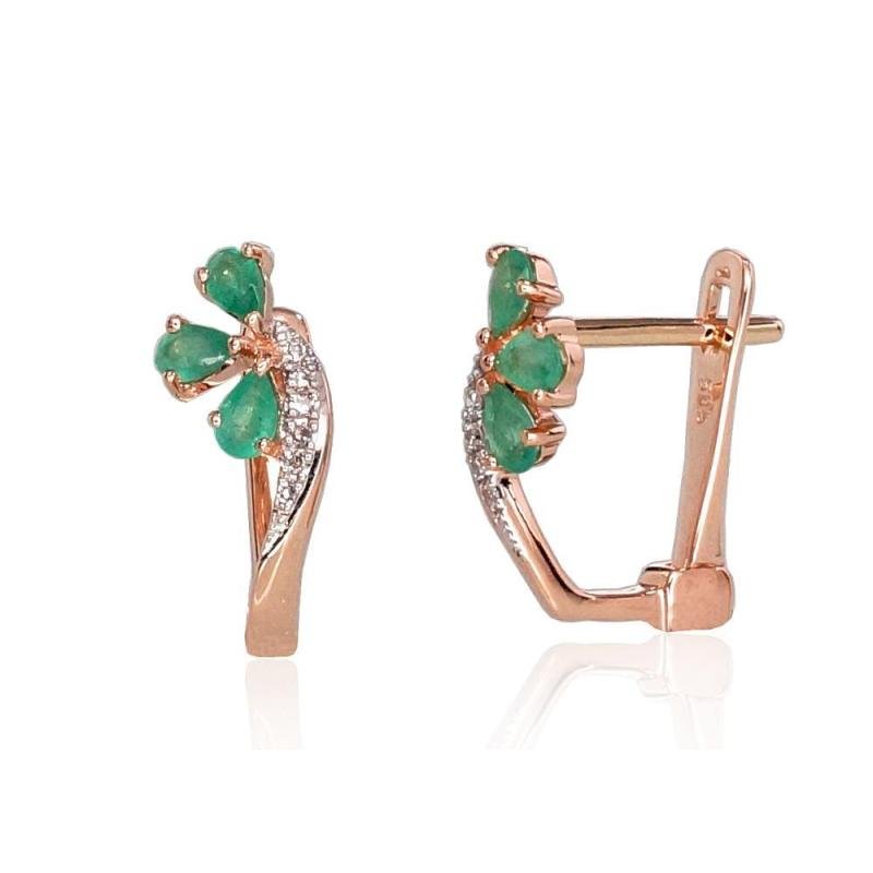 Gold earrings with 'english' lock, Red Gold 585°, Rhodium (Plating), Diamonds, Emerald