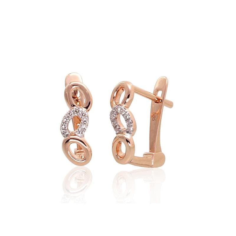Gold earrings with 'english' lock, Red Gold 585°, Rhodium (Plating), Diamonds