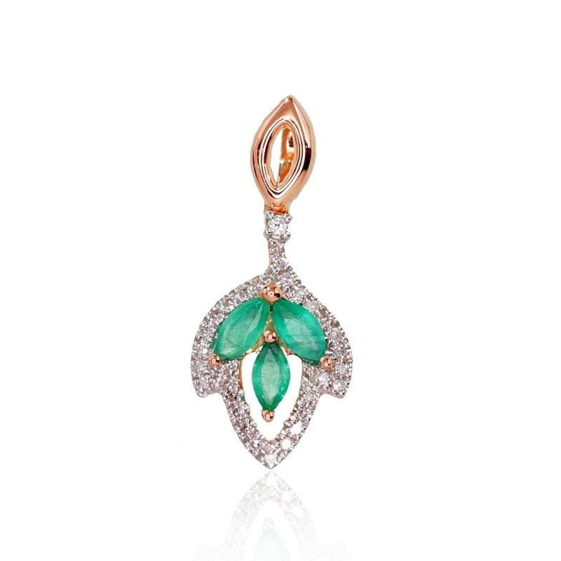 Gold pendant, Red Gold 585°, Rhodium (Plating), Diamonds, Emerald