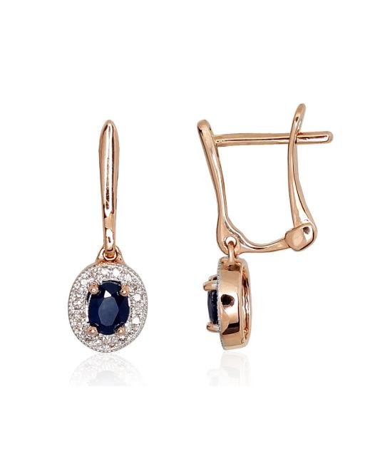 Gold earrings with 'english' lock, Red Gold 585°, Rhodium (Plating), Diamonds, Sapphire
