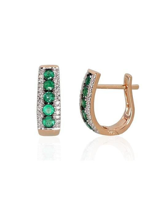 Gold earrings with 'english' lock, Red Gold 585°, Rhodium (Plating), Diamonds, Emerald