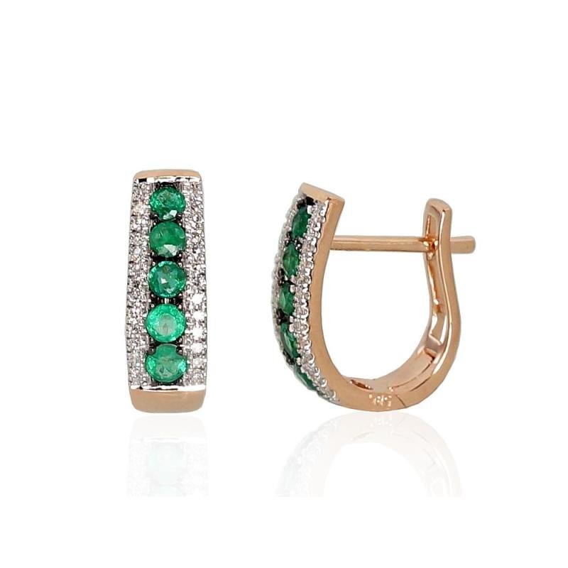 Gold earrings with 'english' lock, Red Gold 585°, Rhodium (Plating), Diamonds, Emerald