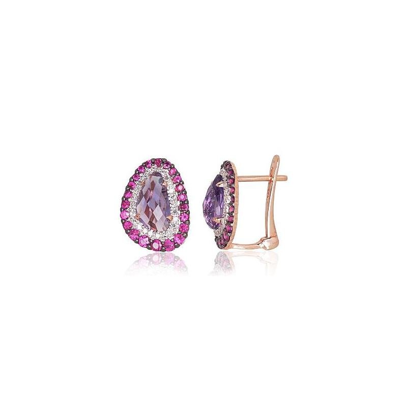 Gold earrings with 'english' lock, Red Gold 585°, Rhodium (Plating), Diamonds, Ruby, Amethyst