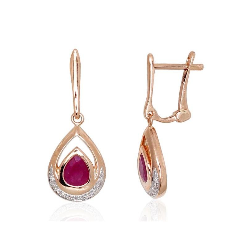 Gold earrings with 'english' lock, Red Gold 585°, Rhodium (Plating), Diamonds, Ruby