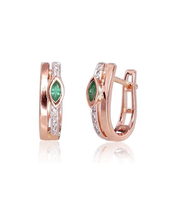Gold earrings with 'english' lock, Red Gold 585°, Rhodium (Plating), Diamonds, Emerald