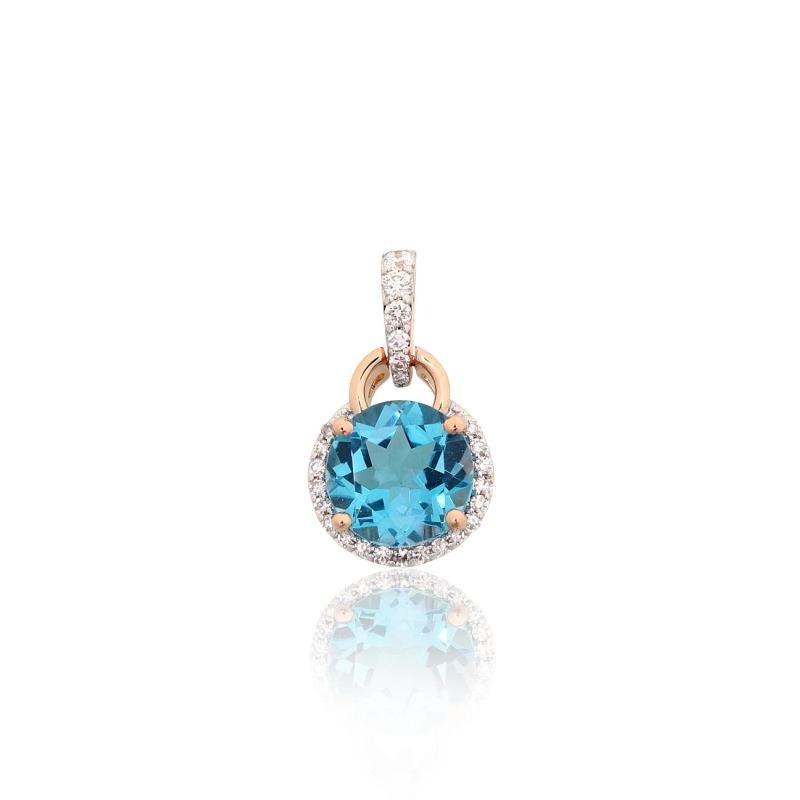 Gold pendant, Red Gold 585°, Rhodium (Plating), Diamonds, Blue Topaz