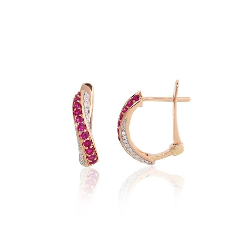 Gold earrings with 'english' lock, Red Gold 585°, Rhodium (Plating), Diamonds, Ruby