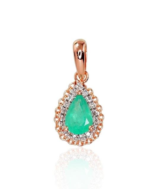Gold pendant, Red Gold 585°, Rhodium (Plating), Diamonds, Emerald