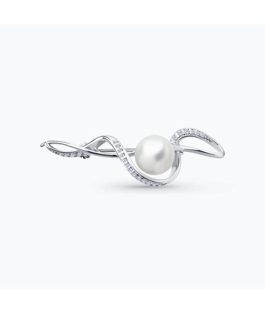 Silver Brooch with Pearl and Cubic Zirconia