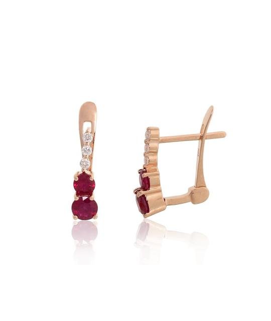 Gold earrings with 'english' lock, Red Gold 585°, Diamonds, Ruby