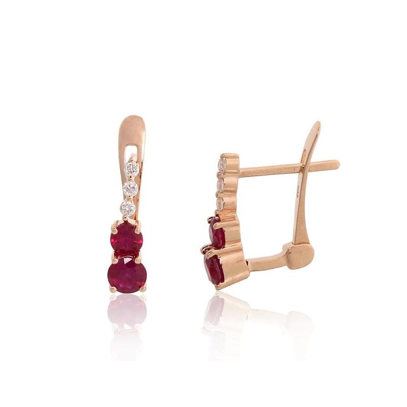 Gold earrings with 'english' lock, Red Gold 585°, Diamonds, Ruby