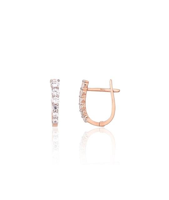 Gold earrings with 'english' lock, Red Gold 585°, Rhodium (Plating), Zirkons