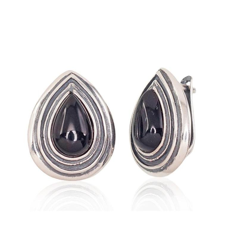 Silver earrings with 'english' lock, Silver 925°, oxide (Plating), Onix