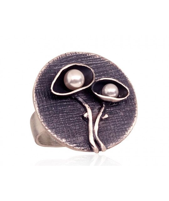 Silver ring, Silver 925°, oxide (Plating), Fresh-water Pearl (synt.)